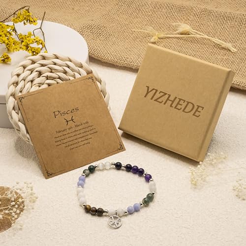 Zodiac Natural Stone Bracelet – Handmade Crystal Healing Bracelet with Zodiac Charm – Adjustable Beaded Jewelry Gift for Women Men Girls - color: Pisces