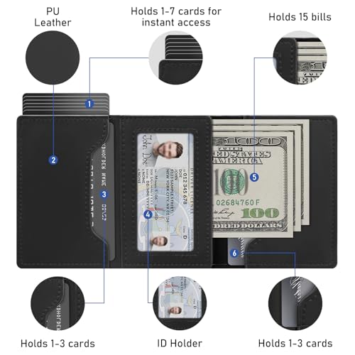 Mens Wallet Credit Card Holder Mens Front Pocket Wallet Leather Wallets for Men With Rfid Blocking Pop Up Aluminum Case Black Trifold Magnetic Money Clip Gift Ideas - color: Black