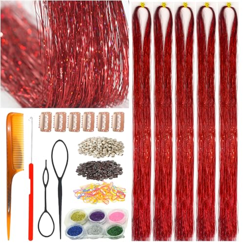 Celinebella Ruby Red Hair Tinsel, 48" 1250 Strands Crimson Shimmer | Vibrant ruby crimson red tone, rich bold shimmer, heat resistant, perfect for Christmas Thanksgiving holiday celebrations - color: 04-Crimson Glitter, size: 48 Inch Pack of 5Pcs