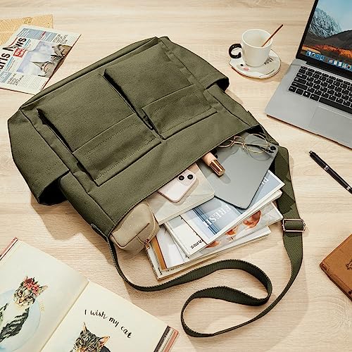 KALIDI Canvas Tote Bag Large Hobo Crossbody Shoulder Handbag Zipper Messenger Bag for Women or Men Casual College Work - color: Upgraded Army Green