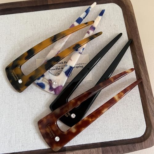 French Hair Clips 4-Pack Assorted Styles, U-Shaped Textured Hair Pins for Women with Black, Tortoiseshell, Leopard & Smoky, for Ponytail Bun Updo (Assorted) - color: Assorted