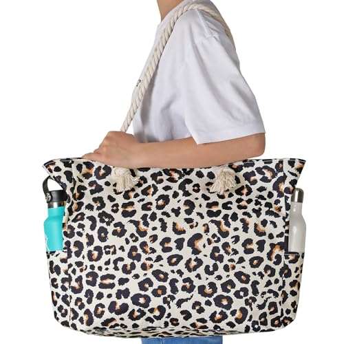 Clothirily Beach Bag for Women - Large Beach Tote Bag, Waterproof Sandproof Beach Bag with Zipper, Large Swim Pool Beach Tote - color: Leopard Print