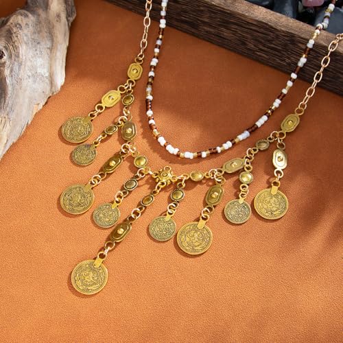 Boho Coin Charm Necklace for Women Layered Pirate Necklace Gold Coin Beaded Pendant Necklace Chunky Coins Tassel Ethnic Gypsy Costume Accessories Jewelry Gifts - style: A.