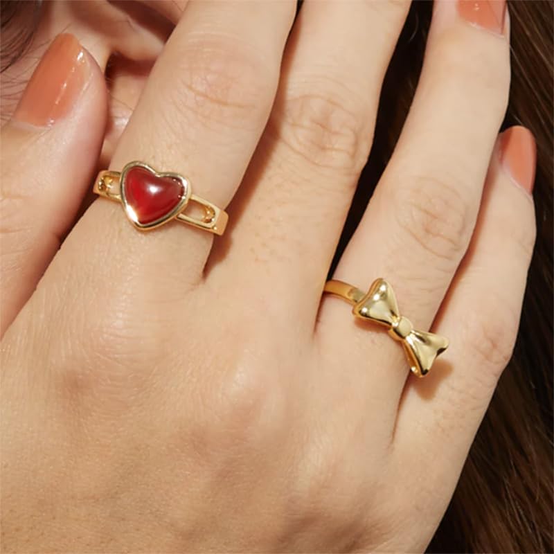 Boho Red Heart Gold Band Rings Pearl Ring, Dainty Adjustable Statement Rings, Open Wrap Stackable Finger Ring Gold Fashion Jewelry Gifts for Women - color: Gold Ring - Red Heart
