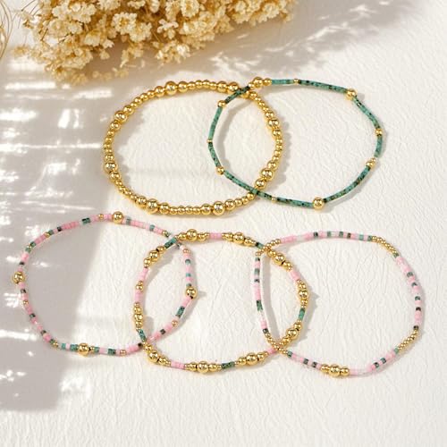 14K Gold Beaded Ball Stackable Bracelets for Women,Bohemian Stretch Colorful Seed Beads Bracelet Stack Fashion Holiday Jewelry Gift Friendship - color: Turquoise