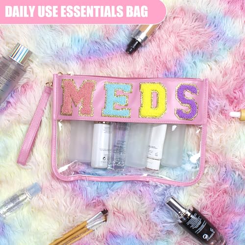 BuyCard Chenille Letter Clear Medicine Bags, Makeup Meds Bags, Preppy Patch Cosmetic Bag with Zipper&Wristlet, Waterproof PU&PVC Toiletry Medicine Storage Case, Portable Travel Drugs Pills Pouch Pink - color: Pink-Meds