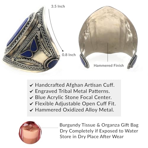 Duel On Jewel Afghan Baloch Tribal Wide Adjustable Cuff Bracelet for Women, Handmade Oxidized Alloy Wrist Cuff with Engraved Kuchi Inspired Design, Statement Bohemian Festival Jewelry, 0.8 to 3.5 Inch - style: Baloch Blue