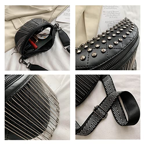 GLT.ETL Fanny pack Chest Bag For women Faux leather Fringe Quilted Waist Bum Cross body Bags Rivet studded Tassel Purses (Black) - color: Black