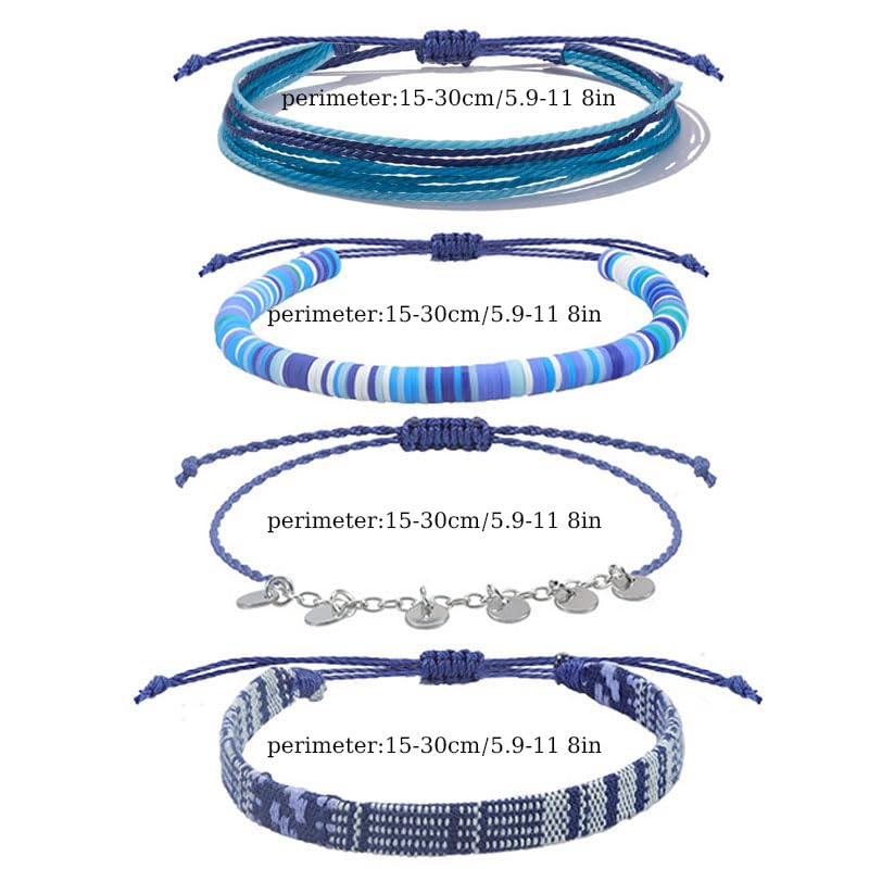 Beach Summer Ankle Bracelet for Women Handmade Braided Adjustable String Anklets Waterproof Surfer Bracelet - color: Blue 25