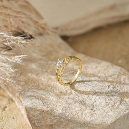 FISSEN JEWELRY Gold Rings for Women, Non Tarnish Dainty 14k Gold Plated Silver CZ Cross Ring Cute Cubic Zirconia Pinky Thumb Stackable Band Silver Finger Rings Size 6-10 Jewelry for Her - color: Gold Diamond Square