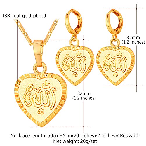 U7 Allah Necklace for Women/Men, 18K Gold Plated Square/Oval/Coin/Heart/Crescent Moon Islamic Pendant Necklace Muslim Jewelry with Chain - color: 07.Heart Necklace+Earrings Gold