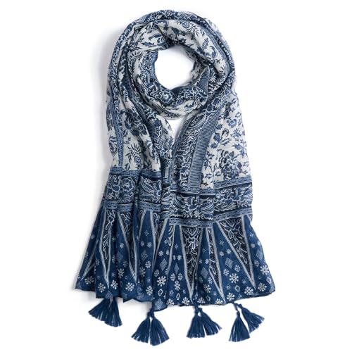 QIUTIMIY Scarf for Women Lightweight Soft Floral Leopard Printed Scarves Fall Winter Fashion Shawl Wrap with Fringe - color: Flower-blue White