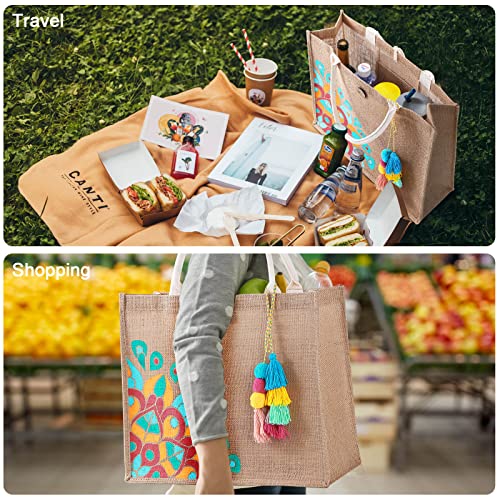 itgowisa Jute Beach Bag for Women, Burlap Beach Tote Bag with Tassel Pocket, Summer Gift for Vacation, Pool, Cruise & Grocery | Jute material - color: Colorful Tassel