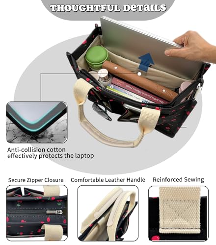Large Canvas Tote Bag for Women Work Tote Bags with Pockets Laptop Crossbody Purses Everyday Bag Handbags for Travel - color: New Upgrade Plus Cherry Black