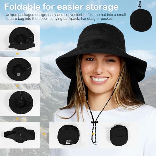 Water-Resistant Sun UPF 50+ Bucket Hat Protection Packable Brimmed Boonie for Women Men Summer Lightweight Hiking Outdoor Cap - color: Black2