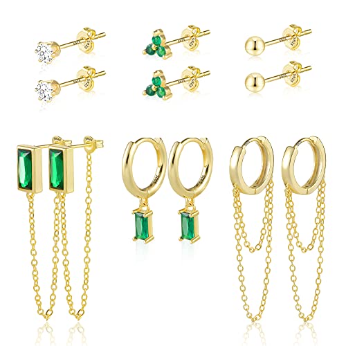 BOUTIQUELOVIN 14K Gold Stud Earrings Set for Women, for Multiple Piercing Silver Plated Studs Earrings and Zirconia Earring Set Small Huggie Hoop Chain Earing - color: 6Pairs Gold Emerald