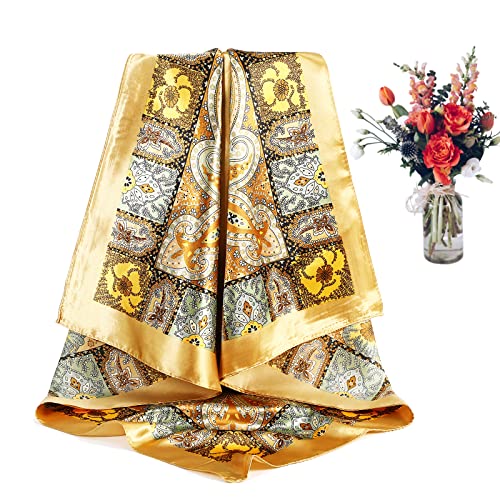 CHLINS 35" Satin Square Hair Scarf Bandanas - 3Pcs Large Silk Head Scarves Lightweight Sleeping Hair Wraps for Women - color: Camel + Black + Beige