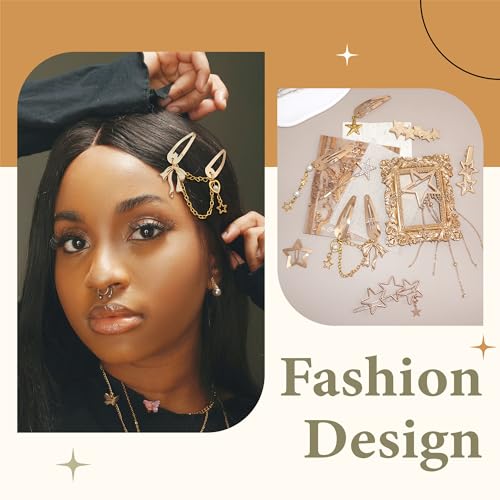 10PCS Gold Hair Clips Dangle Star Hair Clips Metal Snap Star Barrettes 9 Shapes Y2K Hair Accessories for Women and Girls - color: Gold