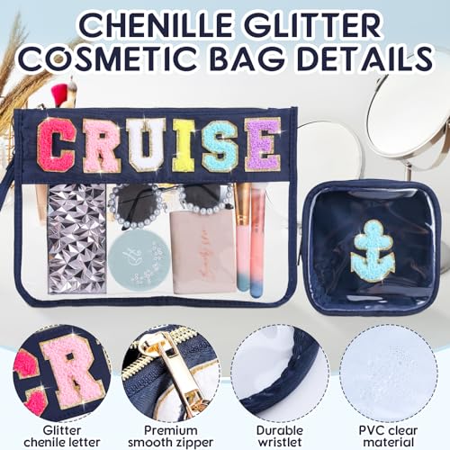 Hillban 2 Pcs Cruise Gifts Chenille Letter Bags Nautical Anchor Makeup Cosmetic Bags Sunscreen Clear Toiletry Travel Pouch Waterproof Purse Sailboat Cruise Survival Kit Portable Storage Organizer - style: Cruise Theme
