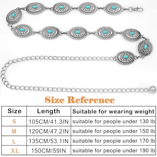 Women's Concho Chain Belt Western Cowgirl Metal Waist Chain Belt for Dress - color: B Silver, size: M: 47.2 in
