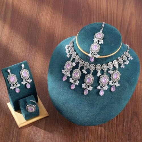 Luxury Waterdrop Rhinestone Pearls Tassel Charm Necklace Earrings Ring Maang Tikka Jewelry 4PCS Set Oxidized Antique Silver Flower Choker Ethnic Indian Retro Crystal Bollywood Bridal Wedding for Women - color: Purple