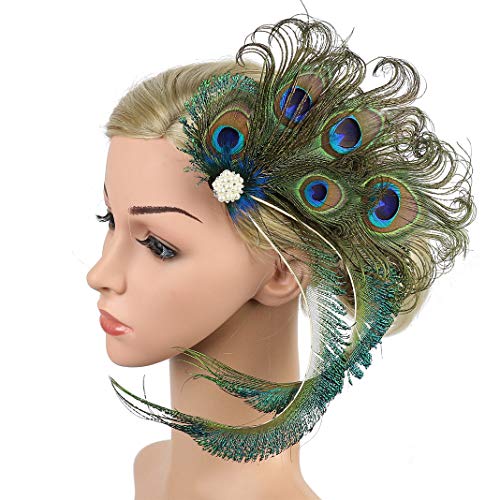 Fascinator Peacock Feather Hair Clips Flapper Headband Art Deco 20's Accessories for Women - color: 08green