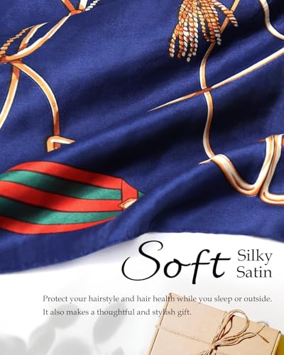 Soft Headbanf Wrap Cap & Silk Like Satin Scarf Combo - 2 in 1 Silk Press Wrap for Hair, Sleeping & Travel - color: Navy Lines