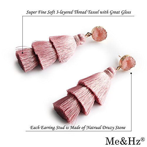 Me&Hz Colorful Layered Tassel Earrings Bohemian Statement Tiered Tassel Big Dangle Drop Earrings for Women Druzy Studs Valentine’s Day Gift - color: Blush Pink