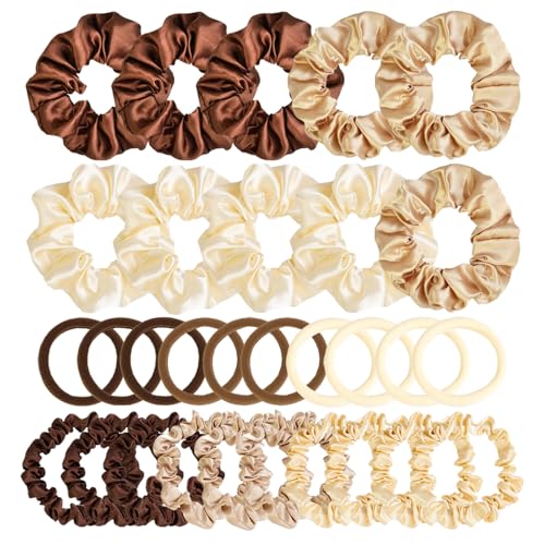 Hair Ties Scrunchies for Women 30 Pack - JGQUR Big Satin Hair Scrunchie Seamless Hair Elastic Small Ponytail Holders Hair Accessories, Yoga, Daily Use, (Brown/Beige/Champagne) - color: Brown/Beige/Champine