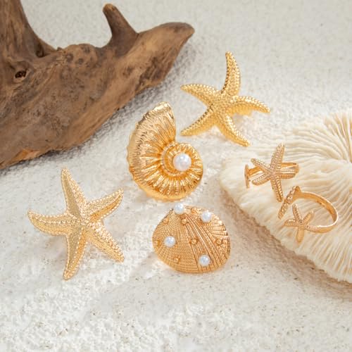 MIFYNN Chunky Gold Starfish Seashel Ring for Women Dainty Conch Pearl Ring Set Boho Ocean Stackable Rings Fashion Adjustable Beach Statement Rings Set Summer Charm Jewelry for Women - color: Gold-6Pcs