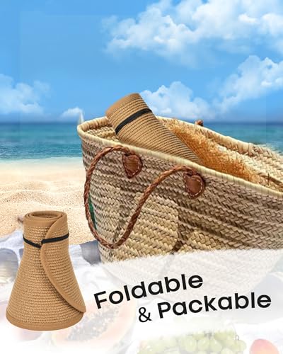 Womens Sun Visor Hats Wide Brim Straw Beach Hat UV Protection Ponytail Packable Beach Vacation Essentials - color: Black