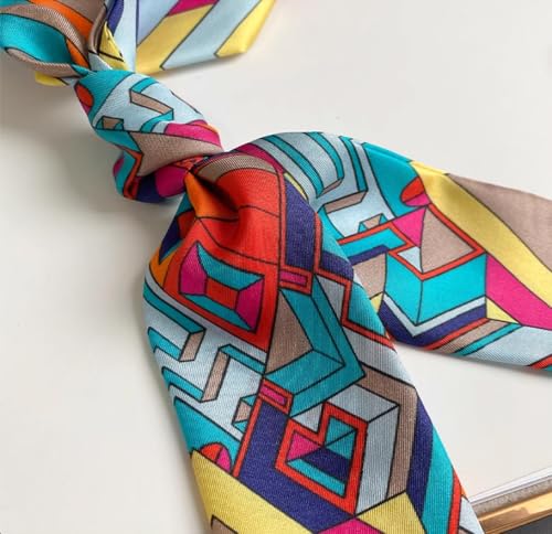 JERLA 100% Mulberry silk Scarf bag scarf Head Hair Ribbon Handbag Handle wrap Tie Bundle Neckerchief Scarf for women - color: Geometric Pattern Beige
