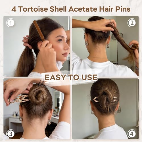4PCS Prestige French Hair Pins for Women - 4.33 Inch Large Tortoise Shell Hair Pin, Acetate Curved Design for Updos Buns Chignons, Strong Hold Hair Styling Pins for Thick Thin Hair
