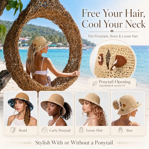 TOP-EX chicpony™ Cooling UPF 50+ Wide Brim Beach Hand Crochet Straw Hat - color: Natural, size: Large