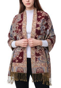 Achillea Elegant Paisley Floral Pashmina Shawl and Wrap – Boho Rave Scarf for Festival, Travel & Everyday Wear - color: Wine Blue