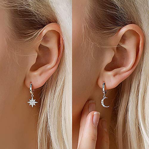 MILACOLATO 925 Sterling Silver Hoop Earrings for Women 18K Gold/Rhodium Plated Drop Dangle Hoop Earrings with Charms Cross Spike Moon Star Paperclip Link Statement Earrings Convertible Link Huggie Earrings Hypoallergenic - color: Silver Tone : Moon Star E