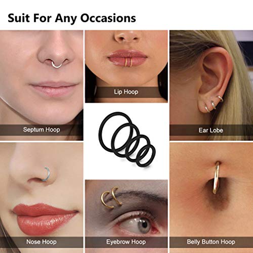 4Pcs 16G 18G 20G Surgical-Steel-Piercing-Ring-Nose-Rings-Hinged-Hoop-Earrings,6mm 8mm 10mm 12mm Seamless Stainless Steel Clicker Eyebrow Septum Piercing Hoop,Sliver Black Gold Rose Gold Rainbow Body Jewelry Set - color: 20G 8mm Black