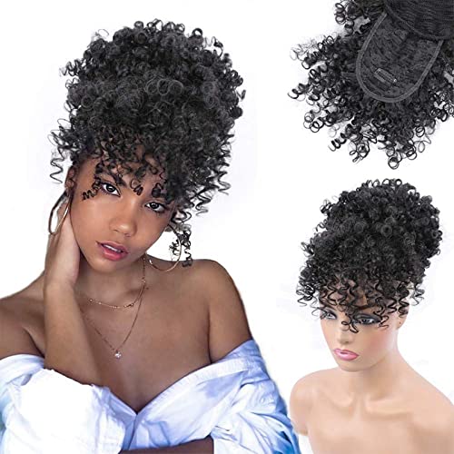 Drawstring Ponytail with Bangs Afro Puff Ponytail Extensions for Women Short Curly Puff Ponytail with Bangs Clip in Wrap Updo Hairpiece for Women(1B) - color: 1B