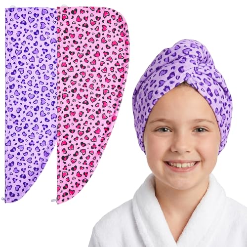 Basumee Microfiber Hair Towel Wrap for Kids 2 Pack Rapid Drying Hair Towel with Button Hair Turbans for Wet Hair Wraps Head Towel Wrap for Women and Girls - color: Pink Purple Leopard