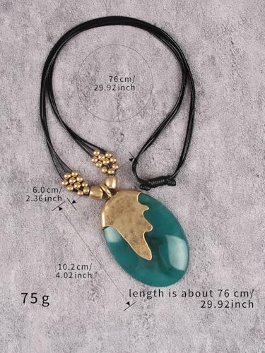 GelConnie Long Necklaces for Women Boho Large Pendant Necklace Casual Bohemian Brown Leather Choker Sweater Circle Statement Stone Necklace - style: Oval Green Stone Necklace