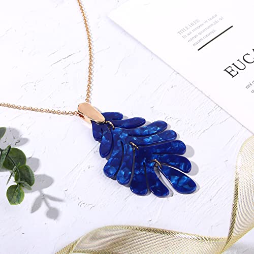 ARATLENCH Acrylic Pendant necklace Earrings – Long Statement Leaf Charm Necklace Tortoise Resin Palm Leaf Earrings Fashion Necklaces Earrings for Women - color: deep blue necklace