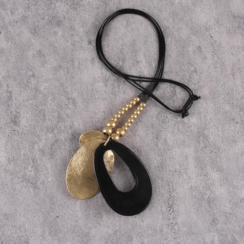 GelConnie Long Necklaces for Women Boho Large Pendant Necklace Casual Bohemian Brown Leather Choker Sweater Circle Statement Stone Necklace - style: Black Teardrop Necklace