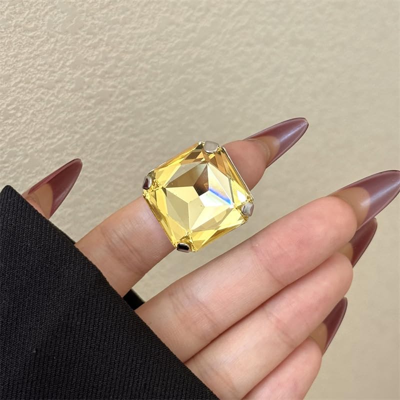 Square Large Rhinestone Exaggerated Statement Ring for Women Sparkling Thick Chunky Geometric Big Crystal Stone Finger Knuckle Band Rings Open Adjustable Wedding Brides Cocktail Prom Party Jewelry - color: Yellow
