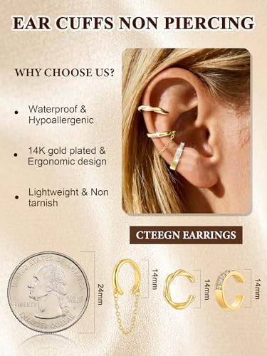 14K Gold/Silver Plated Ear Cuffs Set Dainty Clip Piercing Stack Small Cartilage Hoop Huggie Trendy Tarnish Hypoallergenic Jewelry Gift - style: gold style 11