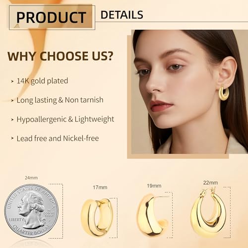 HILXURY Gold Chunky Hoop Earrings Set for Women, 14K Gold Plated Twisted Huggie Hoop Earring Hypoallergenic, Thick Open Hoops Set Lightweight - color: 3 gold hoops chunky