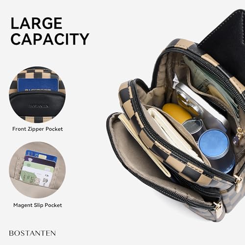 BOSTANTEN Sling Bag Quilted Crossbody Bags for Women Cross Body Purse Leather Fanny Pack with Adjustable Guitar Strap - color: A-checkered Coffee