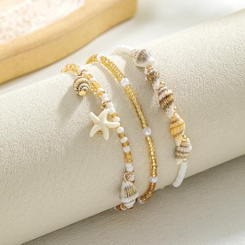Qceasiy Shell Ankle Bracelet Set for Women, Gold Plated Boho Bead Adjustable Anklet, Hawaiian Beach Seashell Pearl Heart Starfish Conch Foot Jewelry Gifts - color: Conch Starfish 3Pcs
