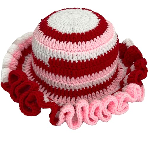 Handmade Crochet Bucket Hat for Women Boho Chic Slouchy Design Colorblock Ruffled Brim Festival&Daily Crochet Hat - color: White and Pink Stripe