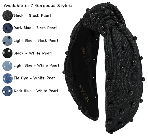 Black Headbands for Women are Unique. Pearl Denim Knotted Headband for Women is a Comfy Top Knot Head bands For Women's Hair. Get Complements with Cute Jean Girls Band - color: Black Denim Pearl