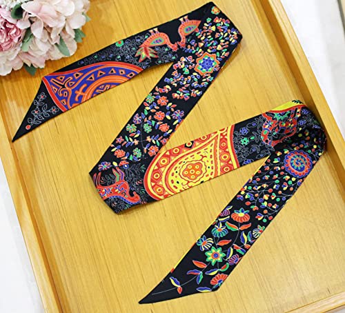 JERLA 100% Mulberry silk Scarf bag scarf Head Hair Ribbon Handbag Handle wrap Tie Bundle Neckerchief Scarf for women - color: Flower Black